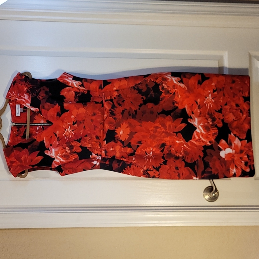 Calvin Klein, Red, Floral Print, Sheath Dress